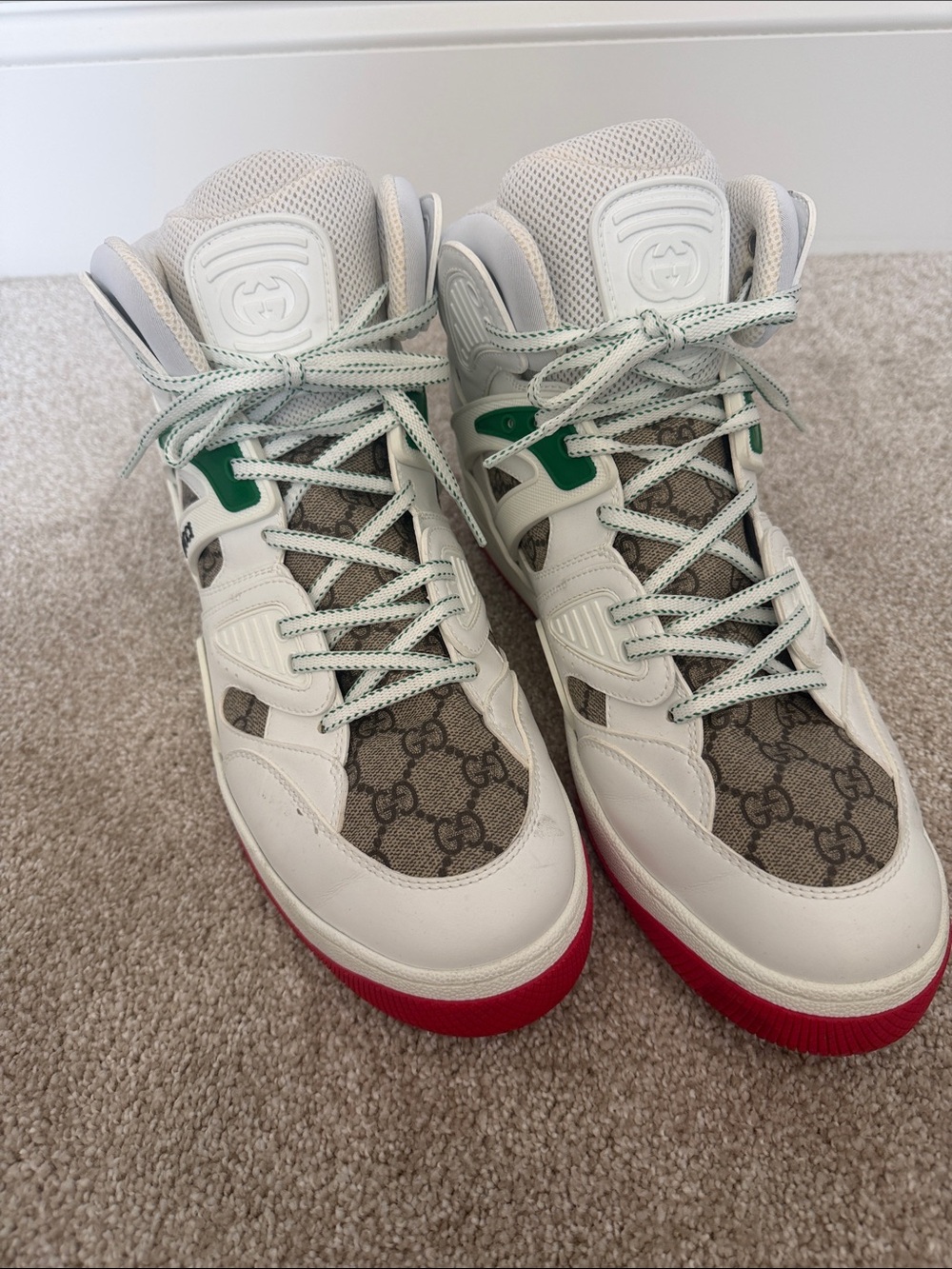 Gucci White High-Top Sneakers with Green and Red Accents